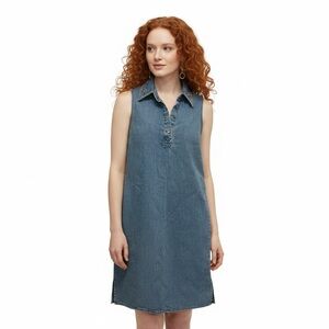 Vintage 90s Christopher & Banks Sleeveless Embroidered Collar Denim Dress Size M